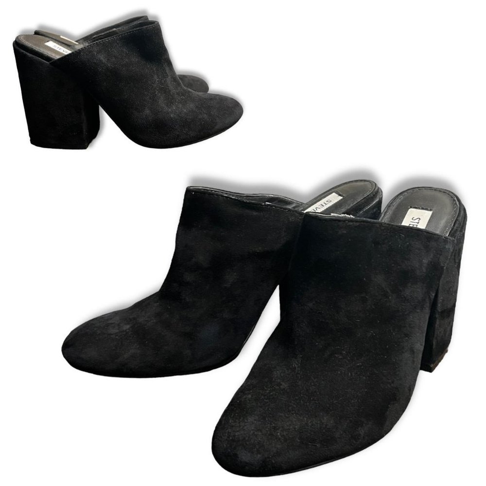 Chunky Heel Black Suede Leather Mules Steve Madden Stella Almond Toe High 7.5